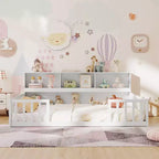 Letto a pavimento Montessori Twin/Full con libreria, ripiani contenitore e sponde di sicurezza, bianco/grigio
