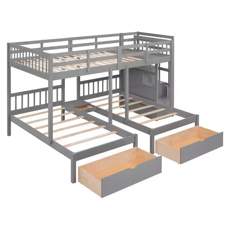 Lit superposé Whisen avec lit double au-dessus de deux lits une place, lit superposé triple en bois avec tiroirs et barrières de sécurité