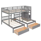 Lit superposé Whisen avec lit double au-dessus de deux lits une place, lit superposé triple en bois avec tiroirs et barrières de sécurité