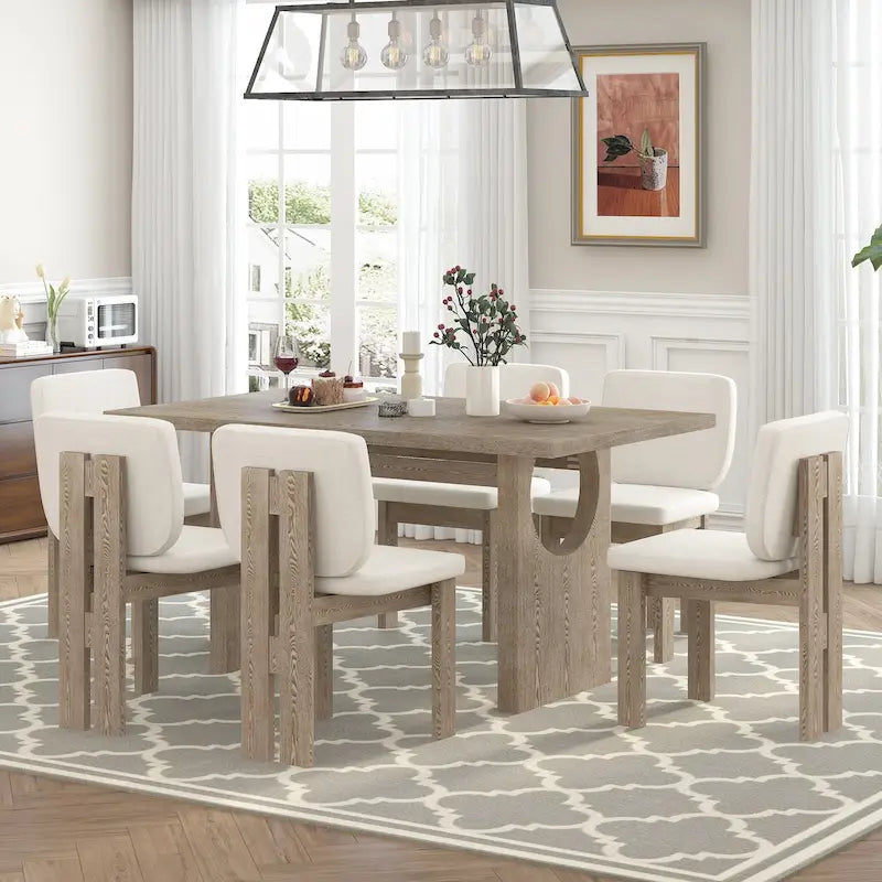 Eetkamerset met tafel en 6 stoelen, 7 delen, massief houten keukentafel met rechthoekig tafelblad, ontworpen schraagonderstel en 6 gestoffeerde stoelen