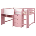 Lit mezzanine bas rose/blanc avec bureau, rangements et tableau blanc - 1 personne, 1 place
