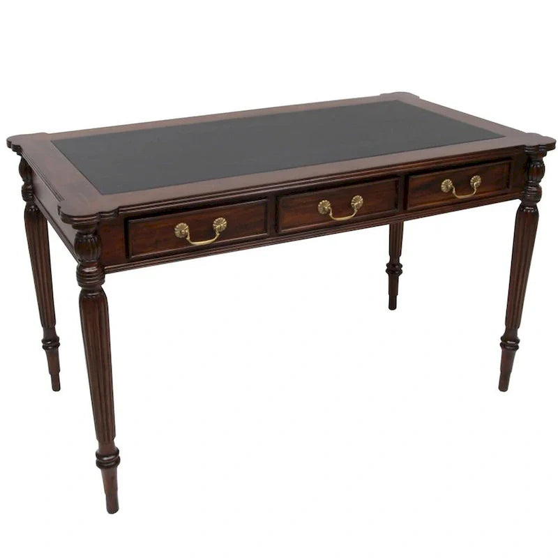 Dark Brown / Light Brown Victorian-Style Solid Mahogany Desk with Black Leather Top and 3 Drawers ?C Single Unit