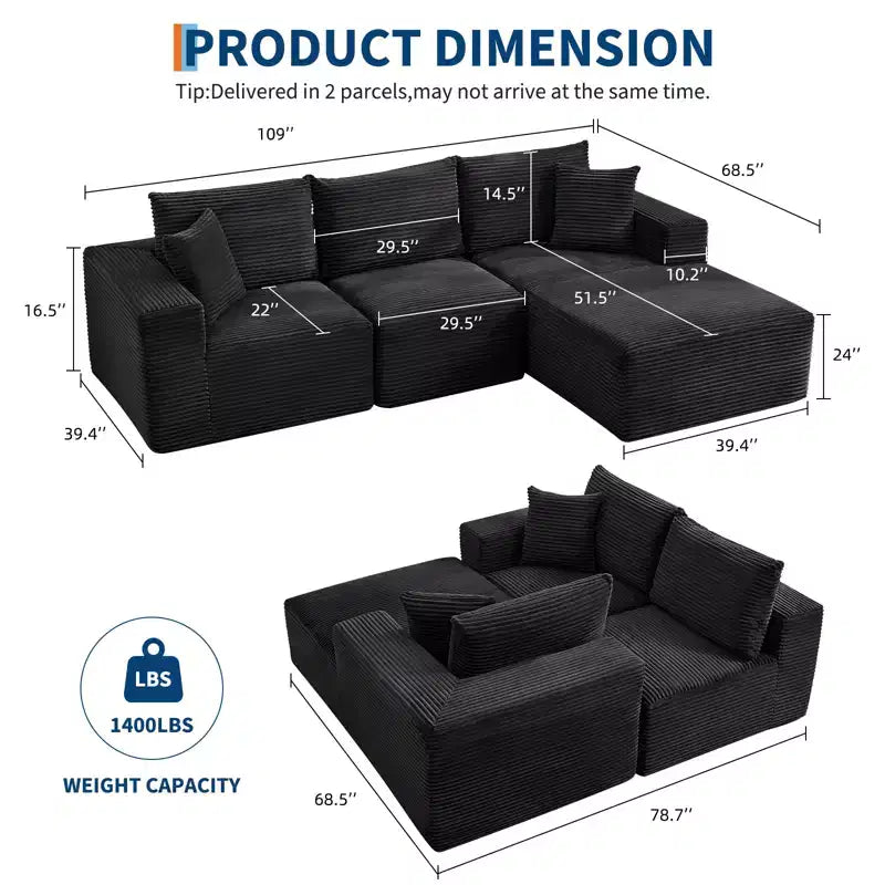 108 modernes Sofa, 3-Sitzer-Sofa in L-Form mit Polsterbezug und Kissen, Sofa mit tiefer Sitzfläche, keine Montage erforderlich