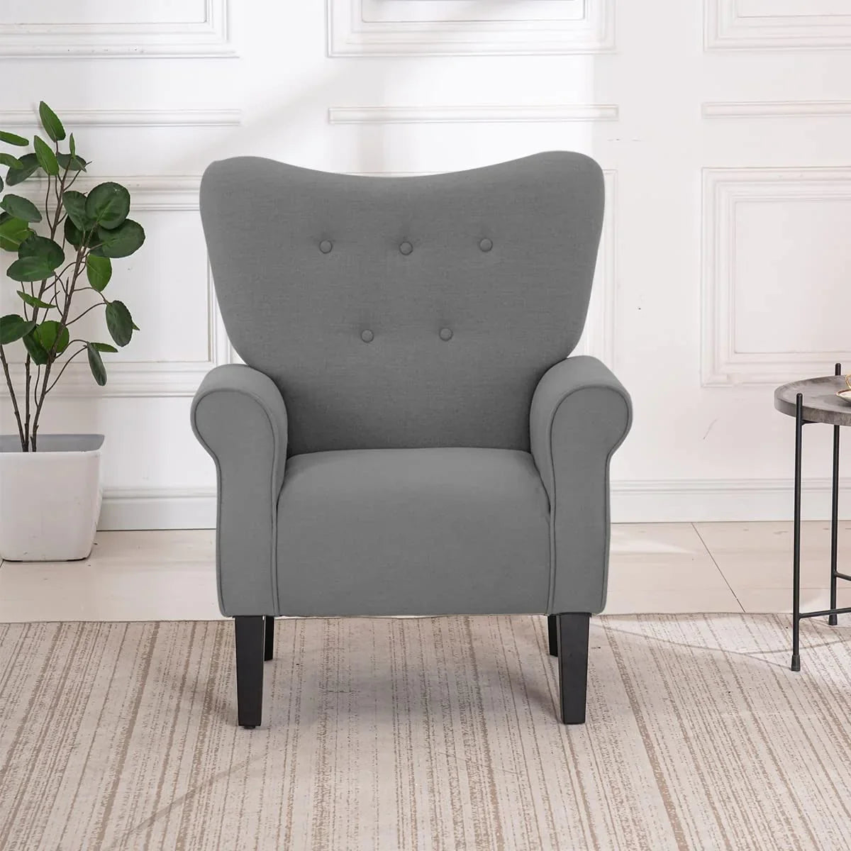 Fauteuil d’appoint moderne Erommy, fauteuil à dossier haut, canapé une place en tissu rembourré avec boutons et pieds en bois pour le salon