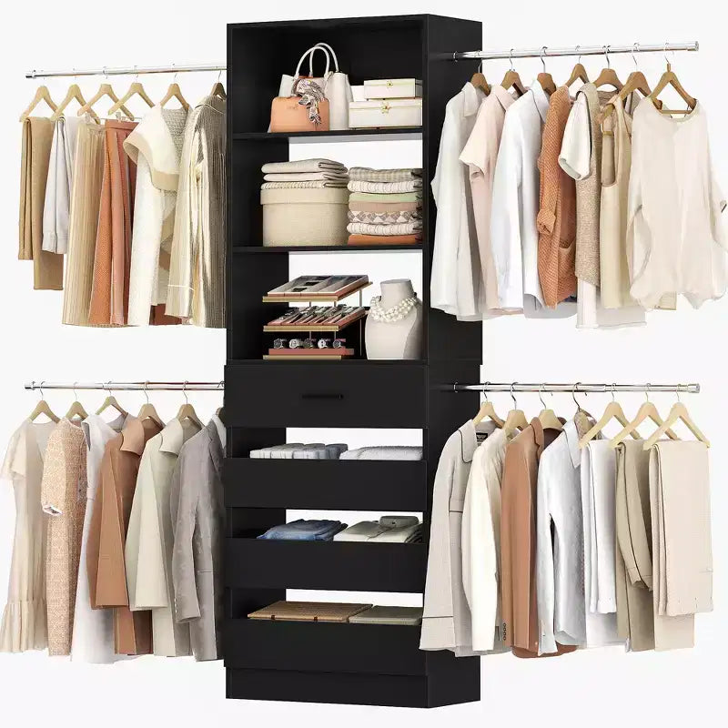Système d’organisation de dressing en bois Besiost de 4 à 9 pieds avec 4 tiroirs, 4 tringles et des colonnes d’étagères