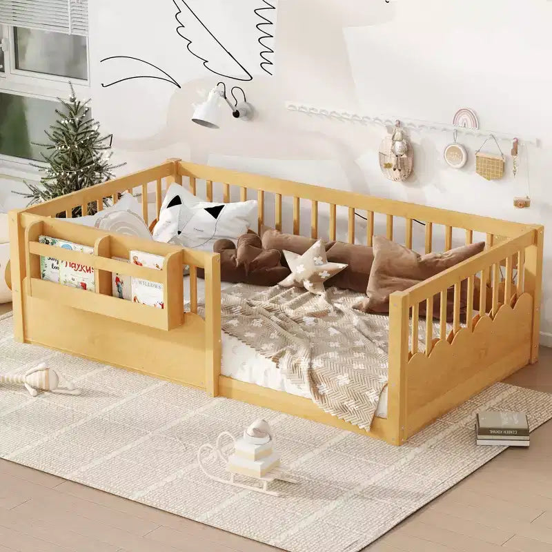 Lit cabane Montessori simple en bois Bellemave pour enfants, avec barrière surélevée et bibliothèque, pour filles et garçons