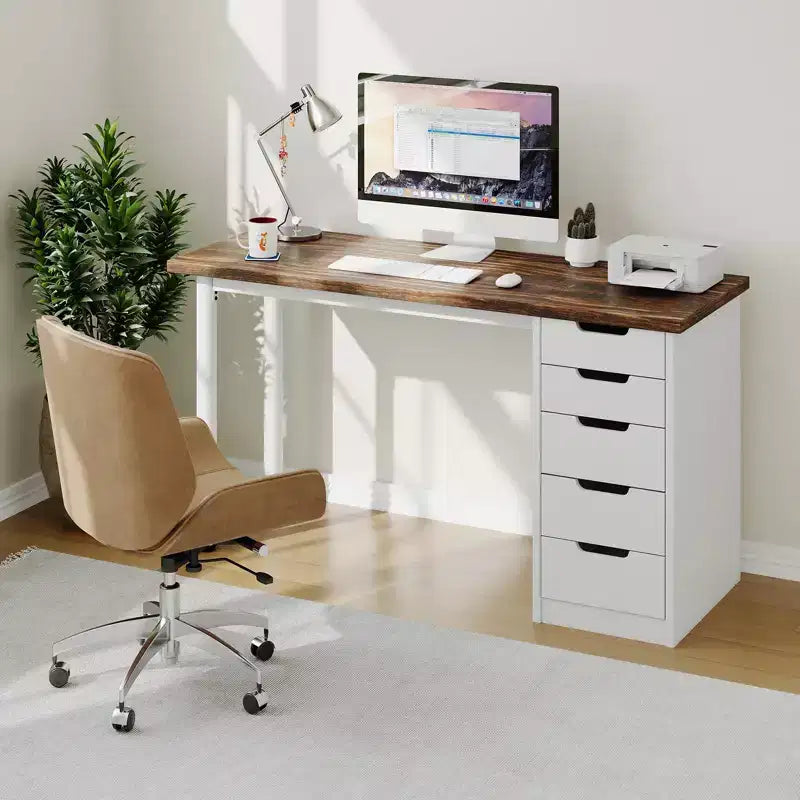 Scrivania per computer da 47 pollici con 5 cassetti portaoggetti, tavolo moderno rustico reversibile da studio e scrittura, postazione per ufficio domestico per piccoli spazi