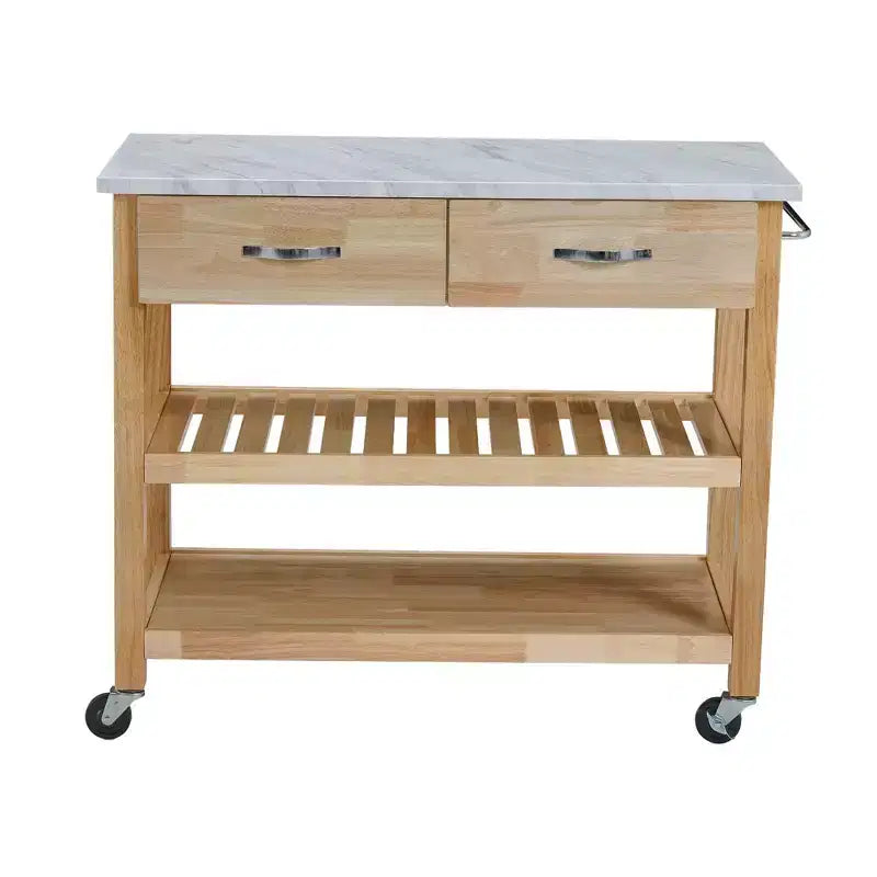 Desserte de cuisine roulante avec plateau en marbre, îlot de cuisine en bois massif avec 2 tiroirs, chariot de cuisine à 3 niveaux avec roulettes amovibles verrouillables et porte-serviettes