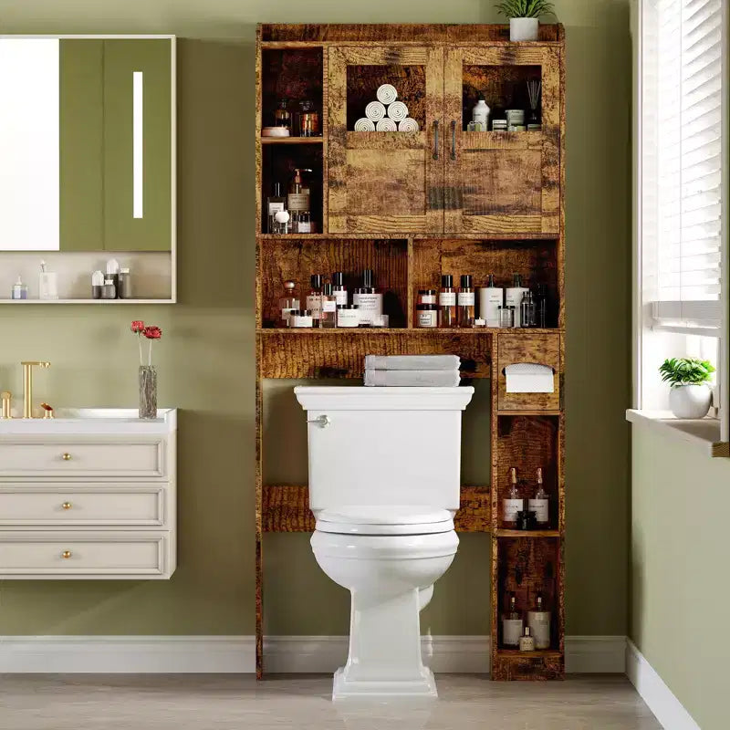 Mobile contenitore sopra il WC - 67,4 pollici di altezza, organizzatore e contenitore da bagno in stile rustico con ripiano regolabile e anta in vetro per bagno e lavanderia