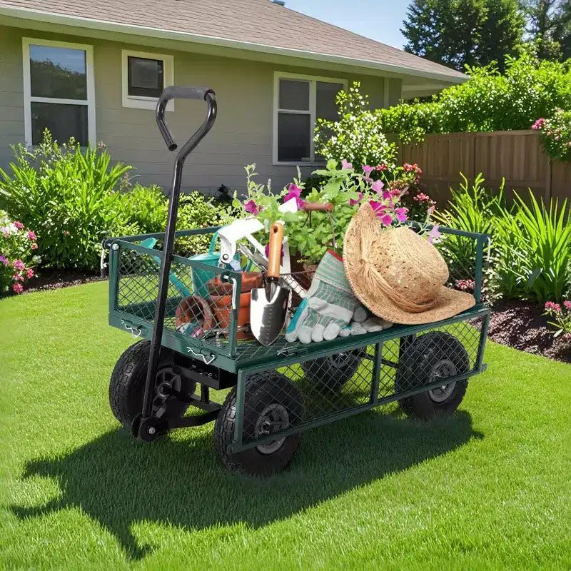 Carrello da giardino in acciaio per carichi pesanti, 500 libbre, carrello multiuso pieghevole con sponde in rete e rivestimento rimovibili, 10 pneumatici e maniglia di traino