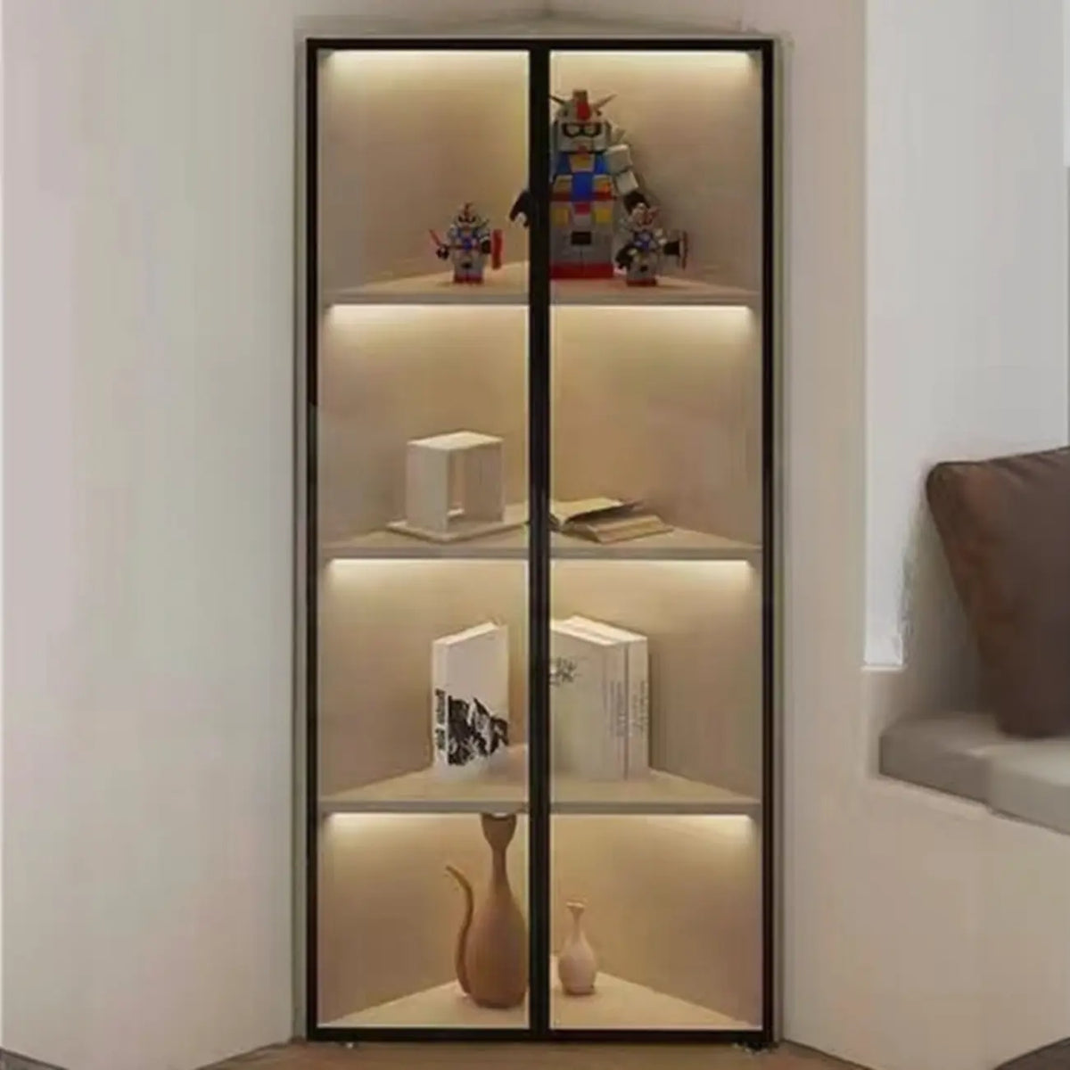 Mobile angolare moderno da esposizione in metallo e legno grigio con anta in vetro