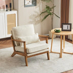 Poltrona d’accento imbottita in misto lino con gambe in legno e un cuscino, beige
