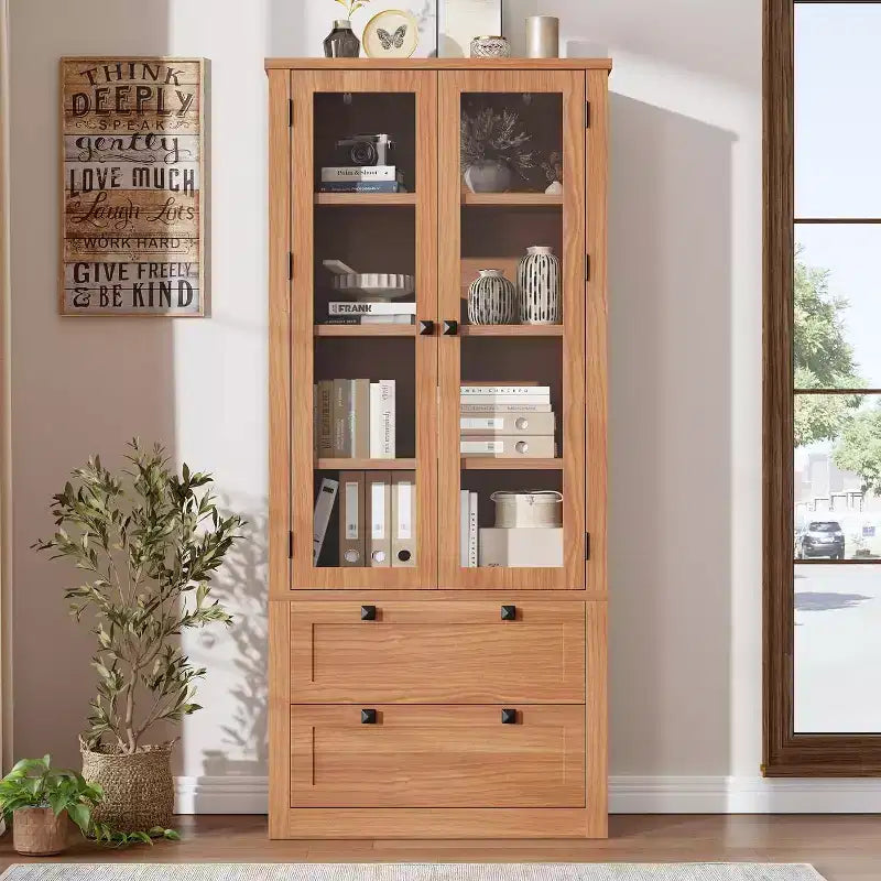 Dispensa da cucina in stile rustico con ante in vetro, mobile contenitore da 72 pollici con cassetti e ripiani regolabili per sala da pranzo, bagno e soggiorno