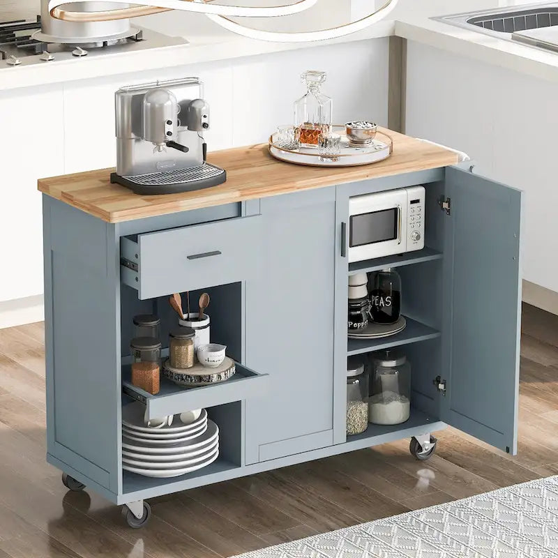 Isola da cucina con piano di lavoro pieghevole, carrello portaoggetti da cucina con ripiano estraibile, portasciugamani e cassetto, ruote girevoli
