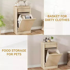 Poubelle inclinable en chêne naturel avec rangement et tiroir, meuble cache-poubelle, panier à linge pour cuisine, salle à manger et salon