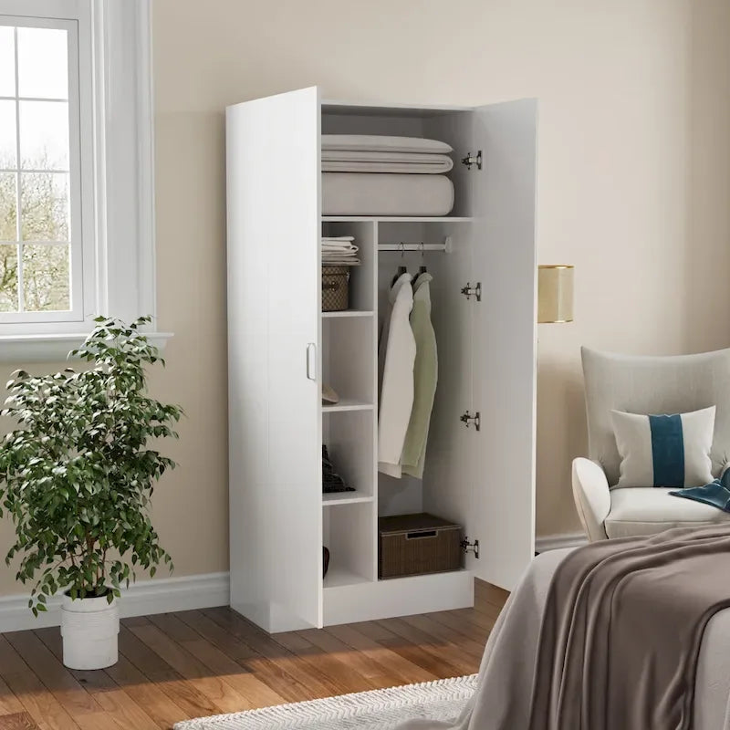 Armoire-penderie à 2 portes, armoire de chambre autoportante avec tringle